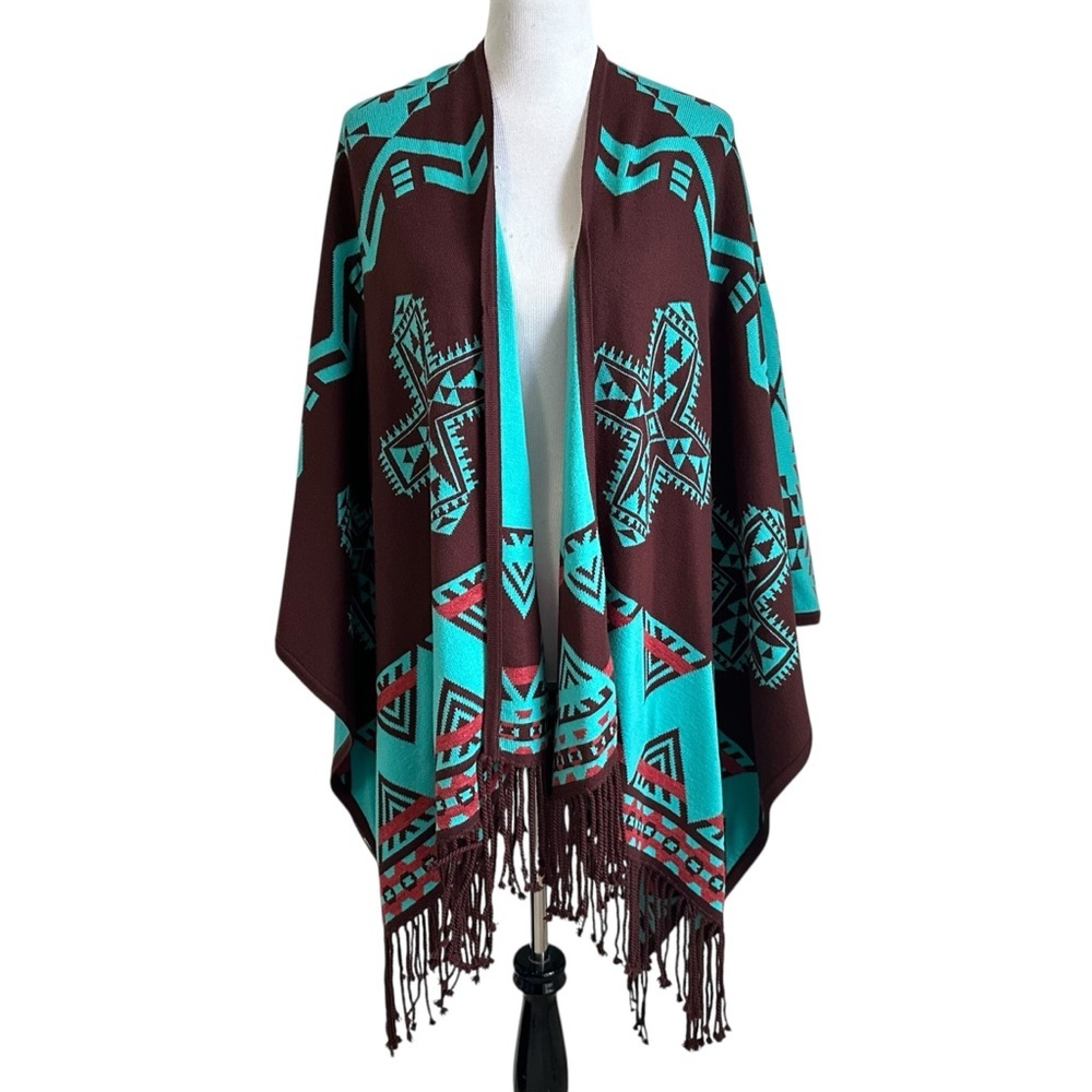 Shannie Girl Southwest Reversible Wrap Shawl One Size Brown Teal Fringe Aztec